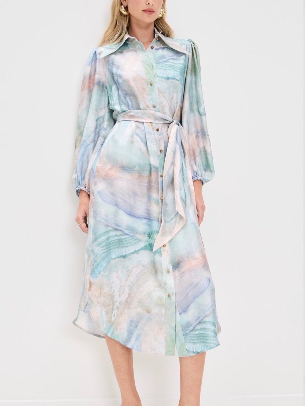 Zimmermann Illuminate Silk Shirt Dress Marble-Print  Shirt in Green and Blue
